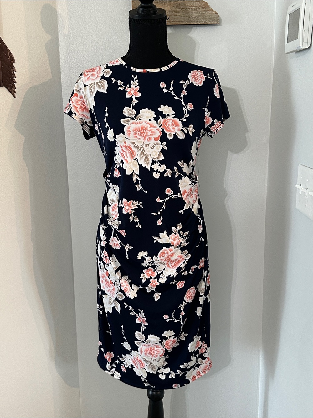 Maternity: Floral Navy & Pink Short Sleeve Sheath Dress
